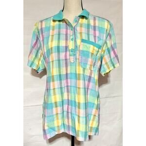 Vintage 1980’s Madrid plaid preppy short slv top shirt w/ collar